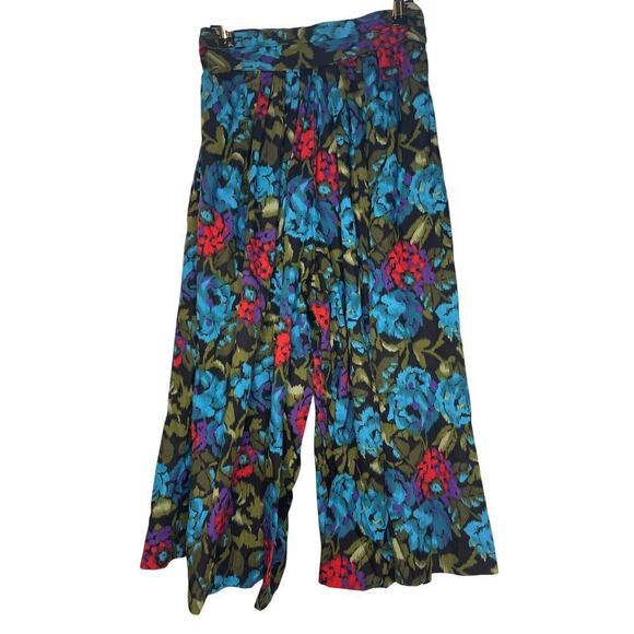 VTG Laurissa Black Turquoise Floral Wide Leg Cropped Culottes Women's Size Small - Picture 2 of 6